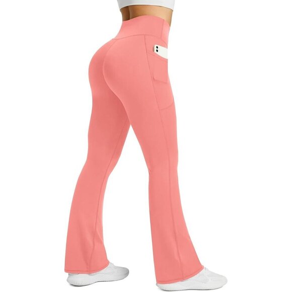 Pants - Women's Pink Polyester Blend Flared High Waisted Bell Bottom Yoga Dress Pants